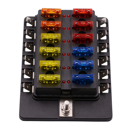 1 in 12 Out Fuse Box PC Terminal Block Fuse Holder Kits with LED Warning Indicator for Auto Car Truck Boat, 1 in 12 Out (PC Terminal Block)