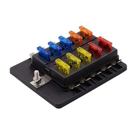 1 in 10 Out Fuse Box PC Terminal Block Fuse Holder Kits with LED Warning Indicator for Auto Car Truck Boat, 1 in 10 Out (PC Terminal Block)