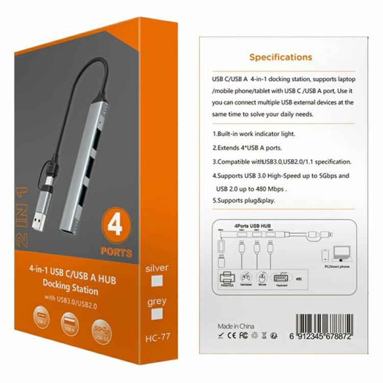 HC-77 Aluminum Alloy Portable USB-C / USB-A Plug HUB USB3.0 & 3 x USB 2.0 Docking Station, HC-77