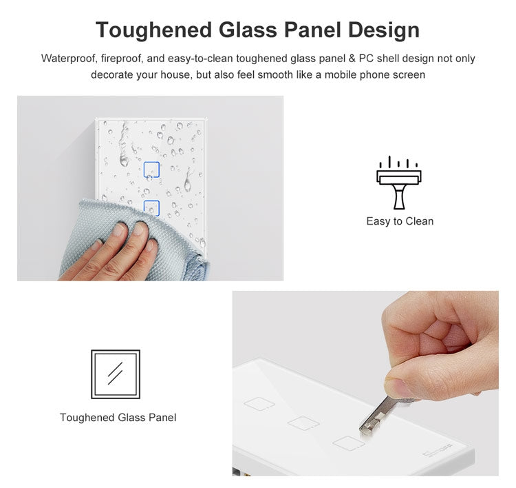 Sonoff T2 Touch 120mm Tempered Glass Panel Wall Switch Smart Home Light Touch Switch, Compatible with Alexa and Google Home, AC 100V-240V, US Plug, 120mm/ 2 US Plug