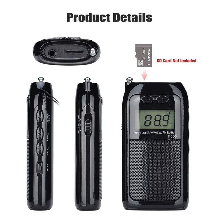 K-605 Portable FM / AM / SW Full Band Stereo Radio, Support TF Card