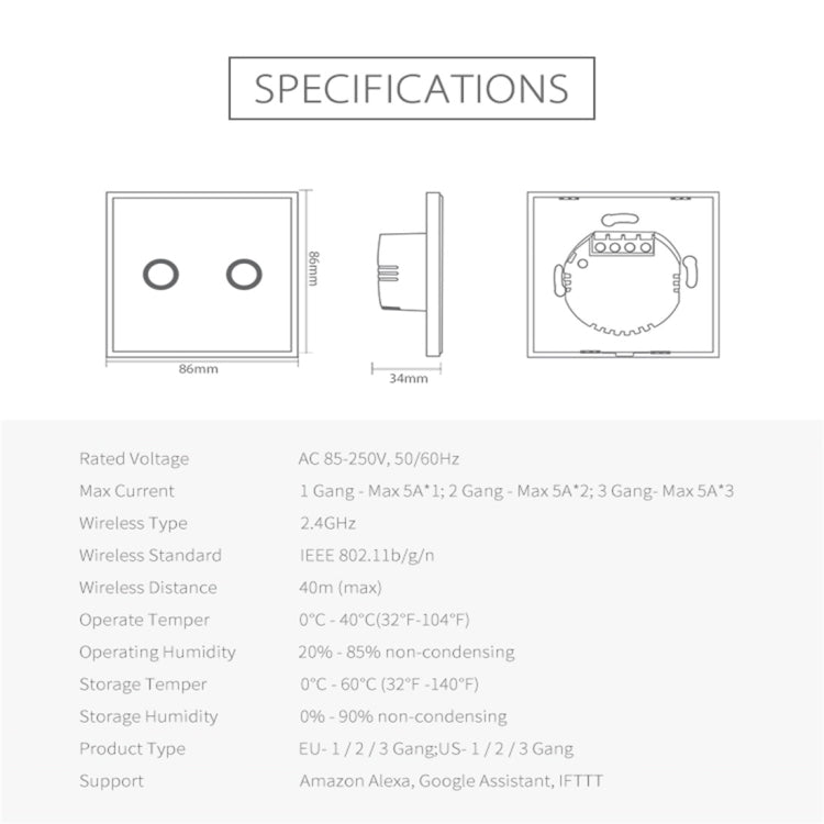 NEO NAS-SC02W Wireless WiFi EU Smart Light Control Switch 2Gang, 2 Gang