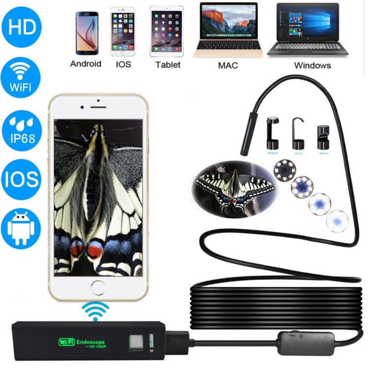 YPC110 8mm 2.0MP HD Camera WiFi Endoscope Snake Tube Inspection Camera with 8 LED, Waterproof IP68, Lens Diameter: 8mm, Length: 10m, Hard Line, 10m Hard Line