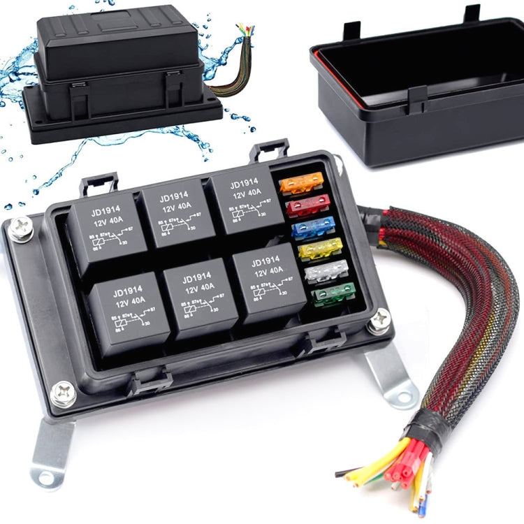 12V 4 Pin Car 6 Slots Waterproof Relay Fuse Box with Cable, 12V 4 Pin