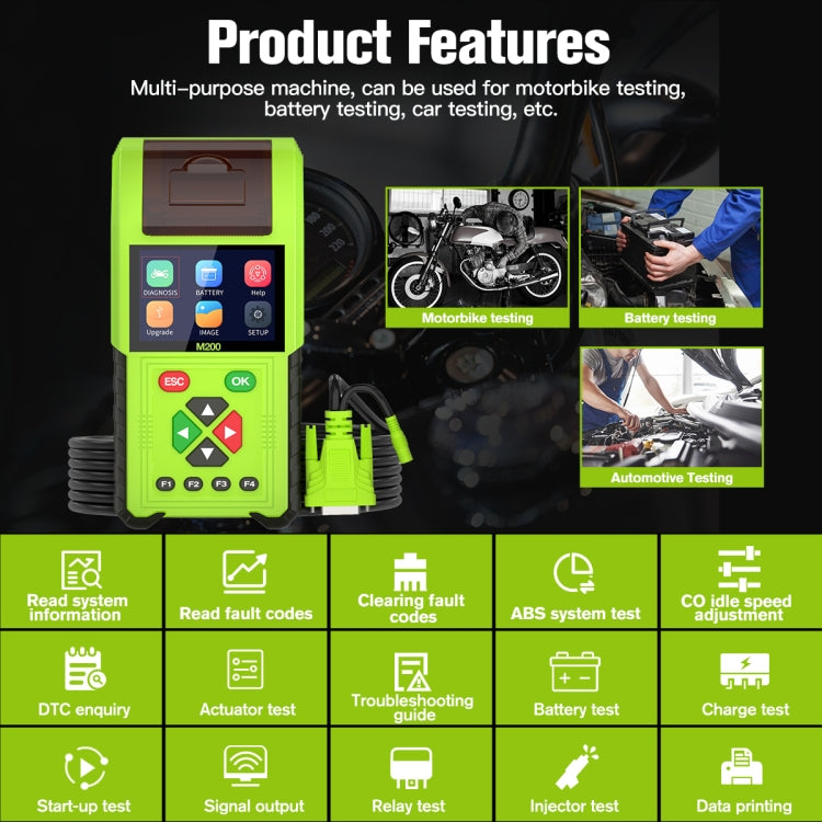 JDiag M200 8V-30V OBD Motorcycles Diagnostic Instrument with Data Printing, M200