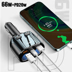 Ozio CL48TC 66W PD 20W + USB Dual Port Multi-function Car Charger with Dual Cigarette Lighters, CL48TC