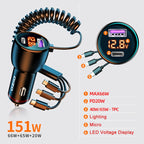 HX06 151W Type-C + USB Dual Port Car Charger with 3 in 1 Spring Data Cable, HX06