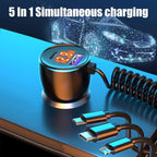 HX06 151W Type-C + USB Dual Port Car Charger with 3 in 1 Spring Data Cable, HX06