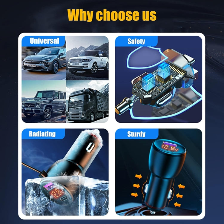 HX06 151W Type-C + USB Dual Port Car Charger with 3 in 1 Spring Data Cable, HX06