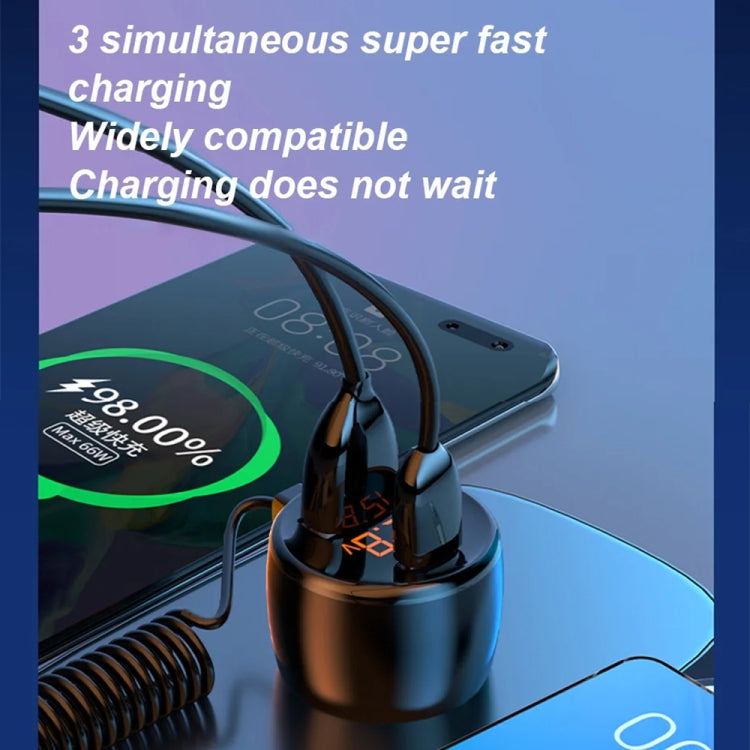 HX06 151W Type-C + USB Dual Port Car Charger with 3 in 1 Spring Data Cable, HX06