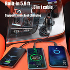 HX06 151W Type-C + USB Dual Port Car Charger with 3 in 1 Spring Data Cable, HX06