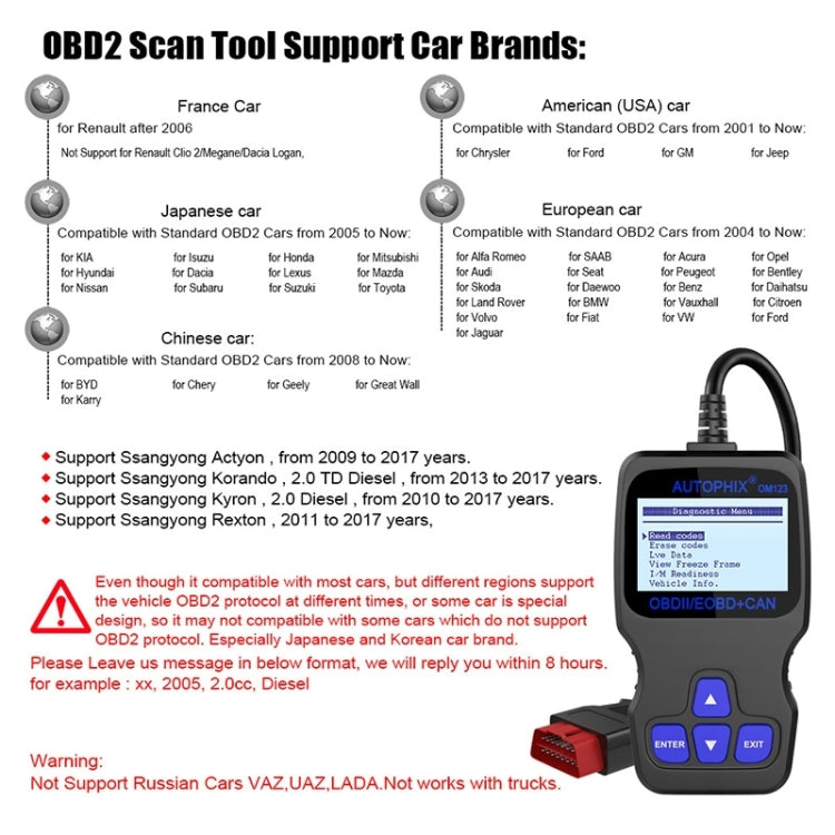 AUTOPHIX OM123 Car Portable OBD2 Scanner Car Diagnostic Tool OBD 2 Automotive Scanner EOBD Code Reader, OM123, OM123 (Orange)