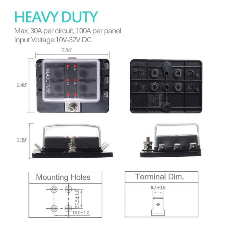 Universal 6 Way Fuse Box Block Fuse Holder Box Car Vehicle Circuit Automotive Blade Tool 6 Way Fuse Block, DC 10V-32V, 6 Way Fuse Box