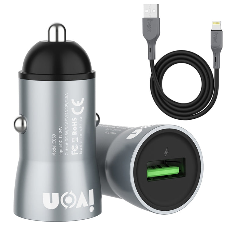IVON CC39 18W 3.1A QC 3.0 USB Car Charger + 1m USB to 8 Pin Fast Charge Data Cable Set, 8 Pin
