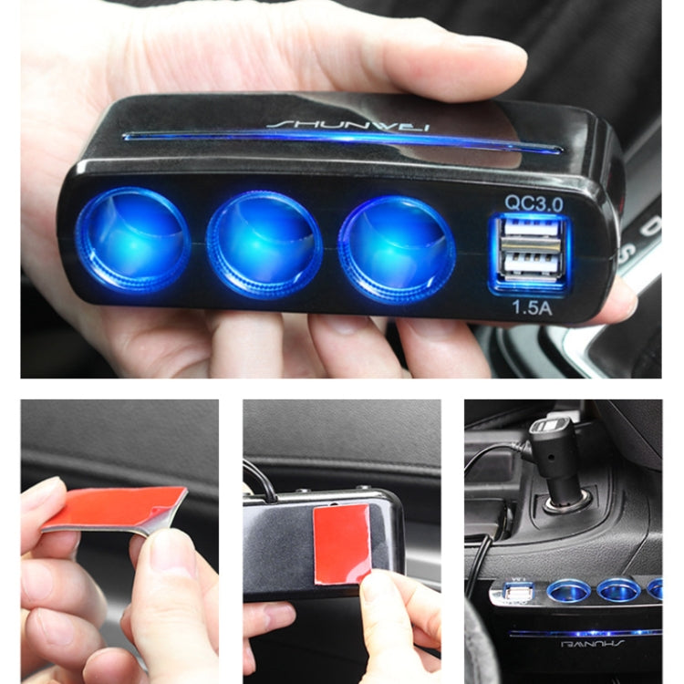 SHUNWEI SD-1939D 120W QC3.0 Car 3 in 1 Dual USB Charger Cigarette Lighter, SD-1939D