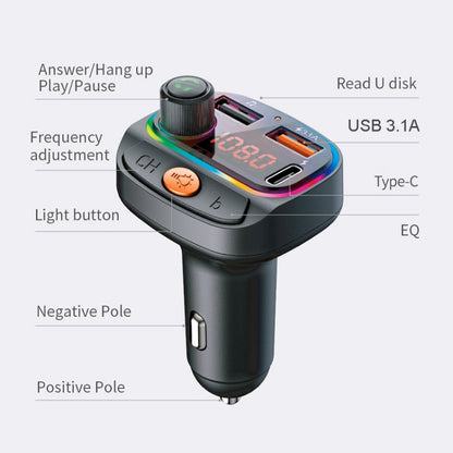 C15 Multifunctional Car Dual 3.1A+Type-C USB Charger Bluetooth FM Transmitter with Atmosphere Light, C15