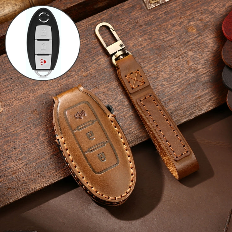 Hallmo Car Cowhide Leather Key Protective Cover Key Case for Nissan Sylphy 3-button Horn, Fr Nissan Sylphy 3-button Horn, For Nissan Sylphy 3-button Horn