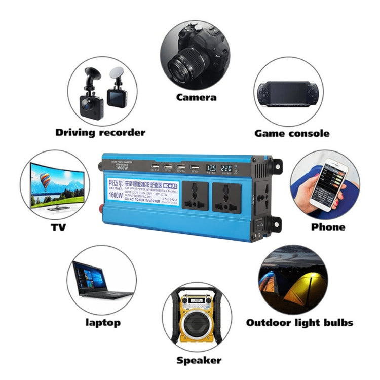 Carmaer 60V to 220V 1600W Three Socket Car Double Digital Display Inverter Household Power Converter, 60V to 220V 1600W