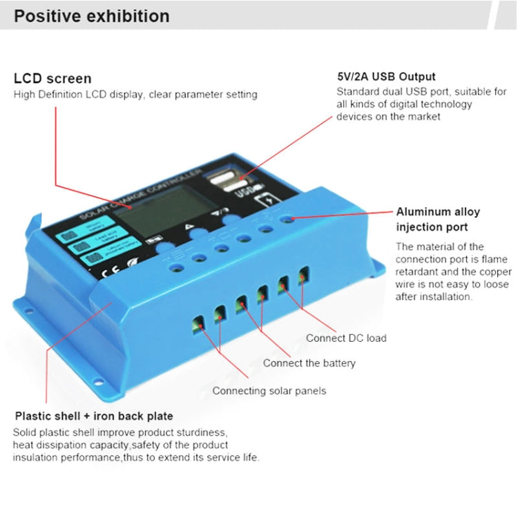 10A Solar Charge Controller 12V / 24V Lithium Lead-Acid Battery Charge Discharge PV Controller, 10A