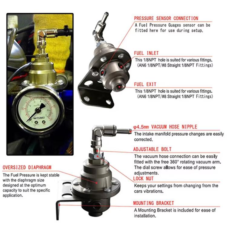 Car Modified Adjustable Fuel Pressure Regulator with Pressure Gauge, Adjustable Fuel Pressure Regulator