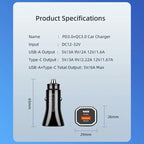 PD + QC3.0 Car 2 in 1 Square Fast Charger Car Cigarette Lighter, Car Square Charger