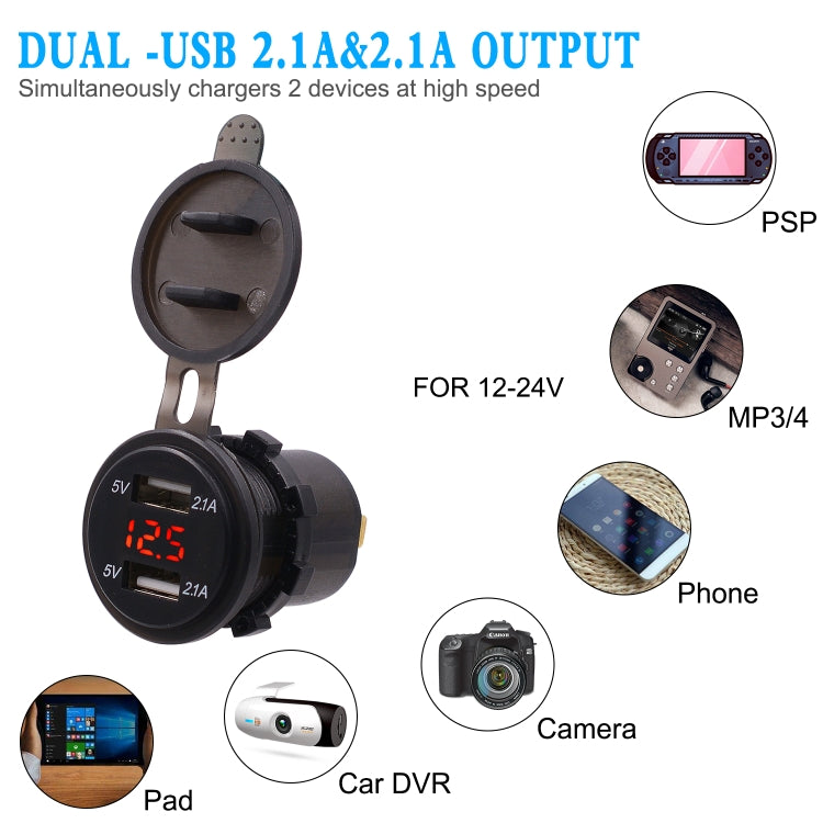 Universal Car Dual Port USB Charger Power Outlet Adapter 4.2A 5V IP66 with LED Digital Voltmeter + 60cm Cable, 4.2A Voltmeter + 60cm Cable(Red Light), 4.2A Voltmeter + 60cm Cable(Blue Light), 4.2A Voltmeter + 60cm Cable(Green Light)