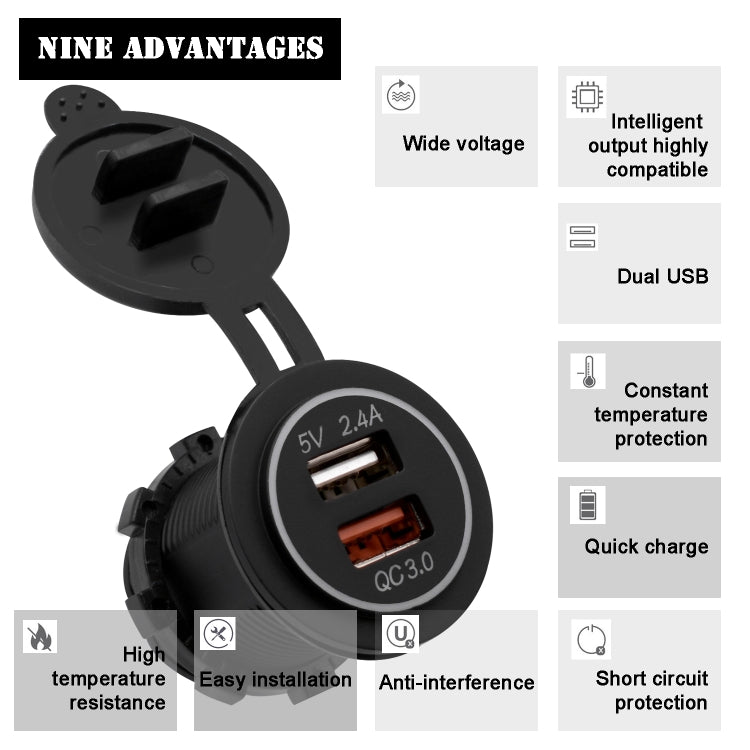 Universal Car QC3.0 Dual Port USB Charger Power Outlet Adapter 5V 2.4A IP66 with 60cm Cable, 2.4A + 60cm Cable (Orange Light), 2.4A + 60cm Cable (Red Light), 2.4A + 60cm Cable (White Light)