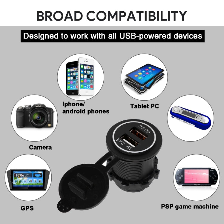 Universal Car QC3.0 Dual Port USB Charger Power Outlet Adapter 5V 2.4A IP66 with 60cm Cable, 2.4A + 60cm Cable (Orange Light), 2.4A + 60cm Cable (Red Light), 2.4A + 60cm Cable (White Light)
