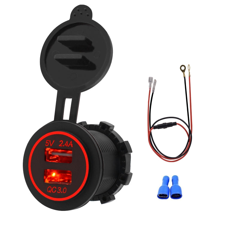 Universal Car QC3.0 Dual Port USB Charger Power Outlet Adapter 5V 2.4A IP66 with 60cm Cable, 2.4A + 60cm Cable (Orange Light), 2.4A + 60cm Cable (Red Light), 2.4A + 60cm Cable (White Light), 2.4A + 60cm Cable(Blue Light), 2.4A + 60cm Cable (Green Light)
