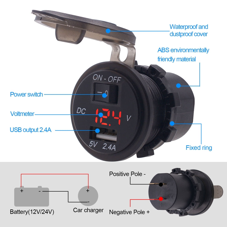 Universal Car Single Port USB Charger Power Outlet Adapter 2.4A 5V IP66 with LED Digital Voltmeter + Switch + 60cm Cable, 2.4A + Switch + 60cm Cable (Red Light), 2.4A + Switch + 60cm Cable(Blue Light), 2.4A + Switch + 60cm Cable (Green Light)