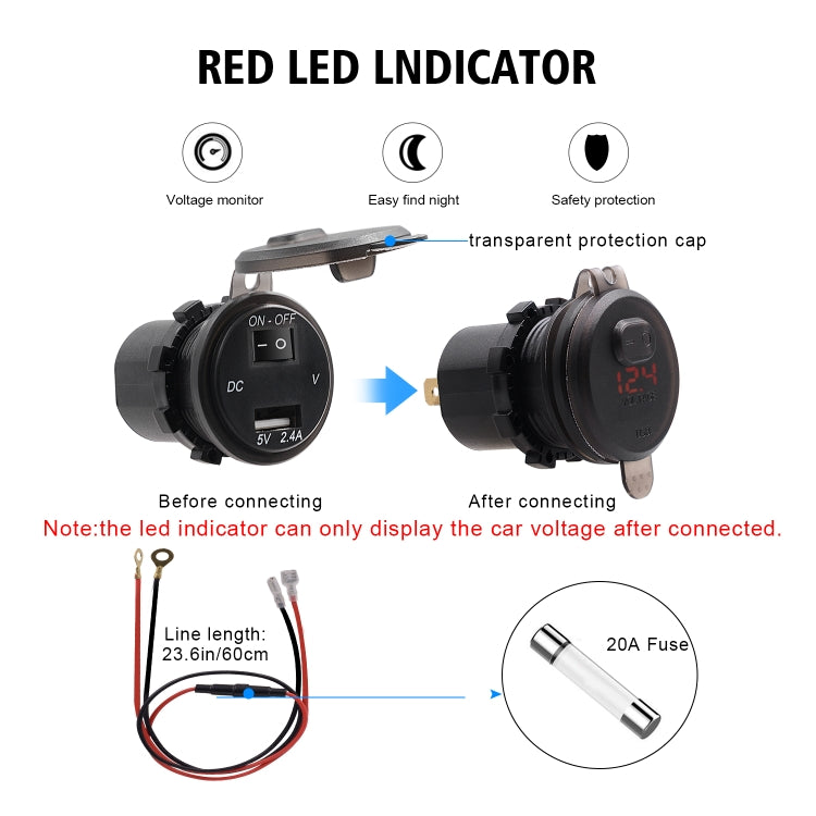 Universal Car Single Port USB Charger Power Outlet Adapter 2.4A 5V IP66 with LED Digital Voltmeter + Switch + 60cm Cable, 2.4A + Switch + 60cm Cable (Red Light), 2.4A + Switch + 60cm Cable(Blue Light), 2.4A + Switch + 60cm Cable (Green Light)