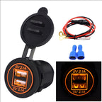 Universal Car Dual USB Charger Power Outlet Adapter 4.2A 5V IP66 with Aperture + 60cm Cable, 4.2A + 60cm Cable(Orange Light), 4.2A + 60cm Cable(Red Light), 4.2A + 60cm Cable(White Light), 4.2A + 60cm Cable(Blue Light), 4.2A + 60cm Cable(Green Light)