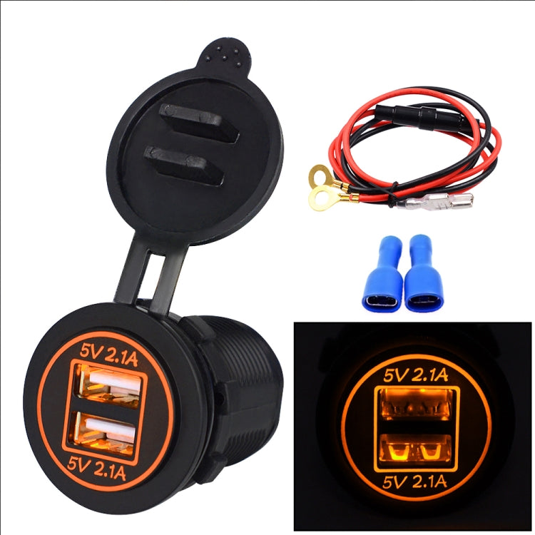 Universal Car Dual USB Charger Power Outlet Adapter 4.2A 5V IP66 with Aperture + 60cm Cable, 4.2A + 60cm Cable(Orange Light), 4.2A + 60cm Cable(Red Light), 4.2A + 60cm Cable(White Light), 4.2A + 60cm Cable(Blue Light), 4.2A + 60cm Cable(Green Light)