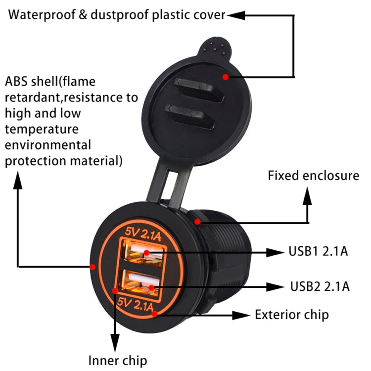 Universal Car Dual USB Charger Power Outlet Adapter 4.2A 5V IP66 with Aperture + 60cm Cable, 4.2A + 60cm Cable(Orange Light), 4.2A + 60cm Cable(Red Light), 4.2A + 60cm Cable(White Light), 4.2A + 60cm Cable(Blue Light), 4.2A + 60cm Cable(Green Light)