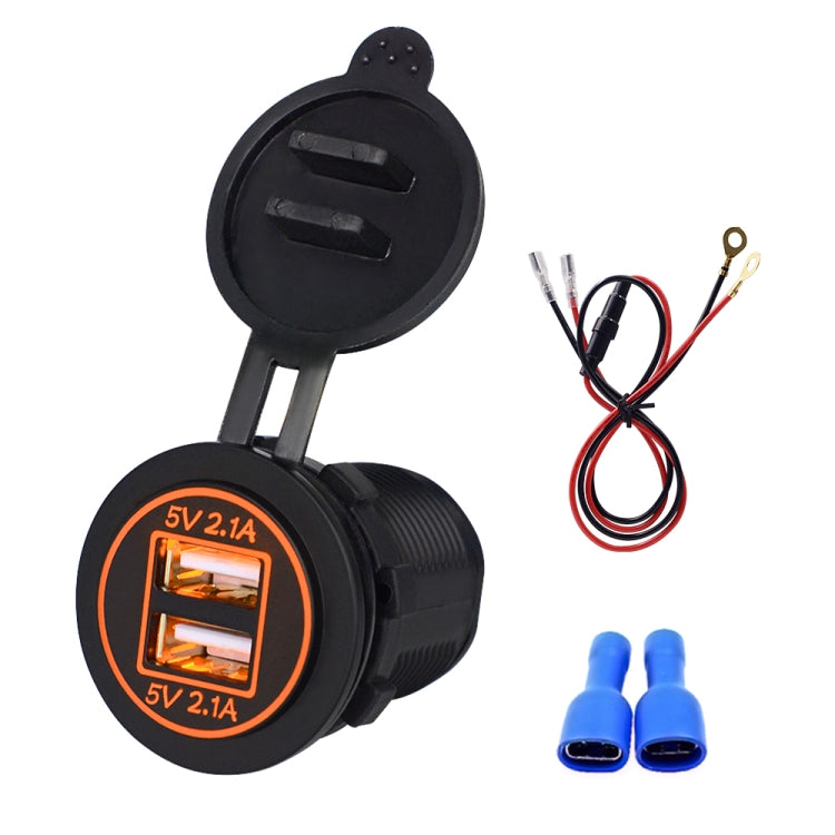 Universal Car Dual USB Charger Power Outlet Adapter 4.2A 5V IP66 with Aperture + 60cm Cable, 4.2A + 60cm Cable(Orange Light), 4.2A + 60cm Cable(Red Light), 4.2A + 60cm Cable(White Light), 4.2A + 60cm Cable(Blue Light), 4.2A + 60cm Cable(Green Light)