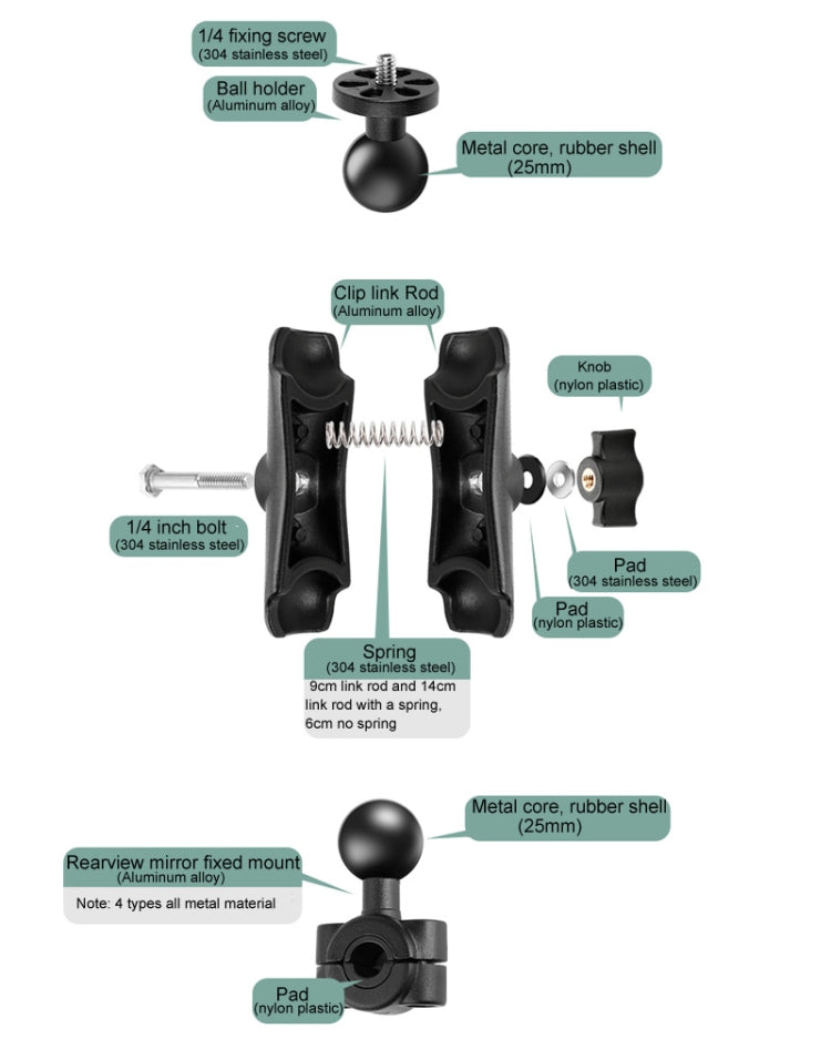 25mm Ball Head Motorcycle Rearview Mirror Fixed Mount Holder with 2 types of U-bolts for GoPro, Insta360, DJI and Other Action Cameras, 25mm Ball Head with 2 types U-bolts