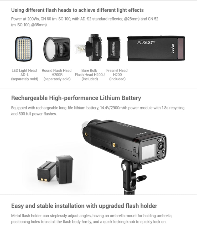 Godox AD200 Pro Pocket Flash Light  TTL HSS 2.4G Wireless X System Outdoor Flash Speedlight, AD200 Pro