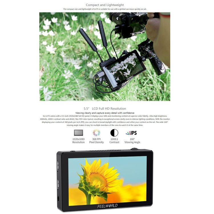 FEELWORLD LUT5 5.5 inch Ultra High Bright 3000nit Touch Screen DSLR Camera Field Monitor, LUT5