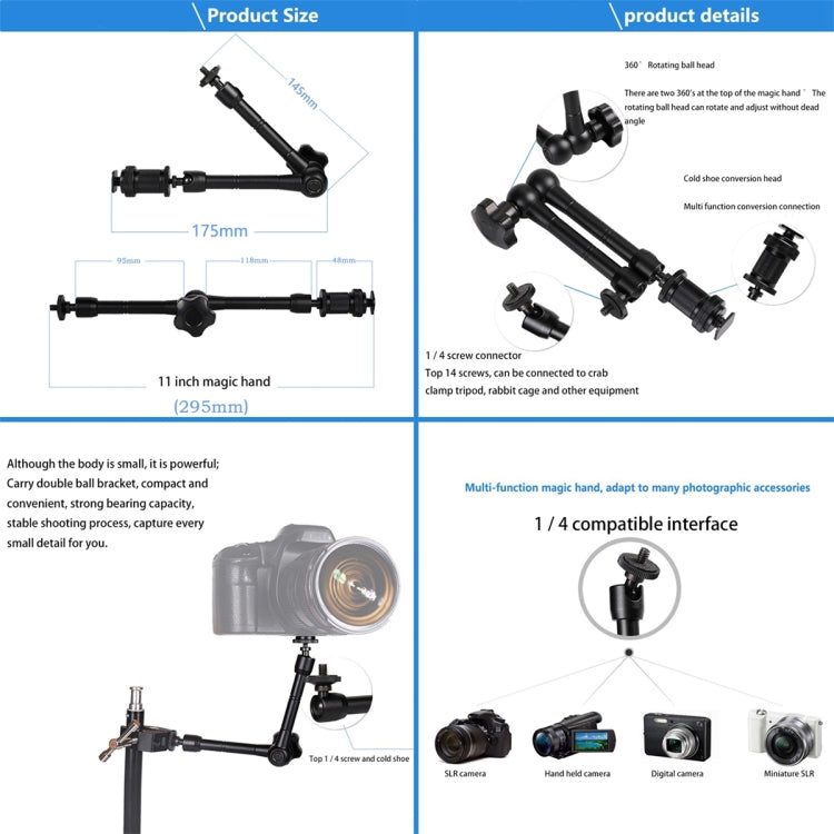 11 inch Adjustable Friction Articulating Magic Arm + Large Claws Clips, 11 inch Magic Arm + Claws Clips