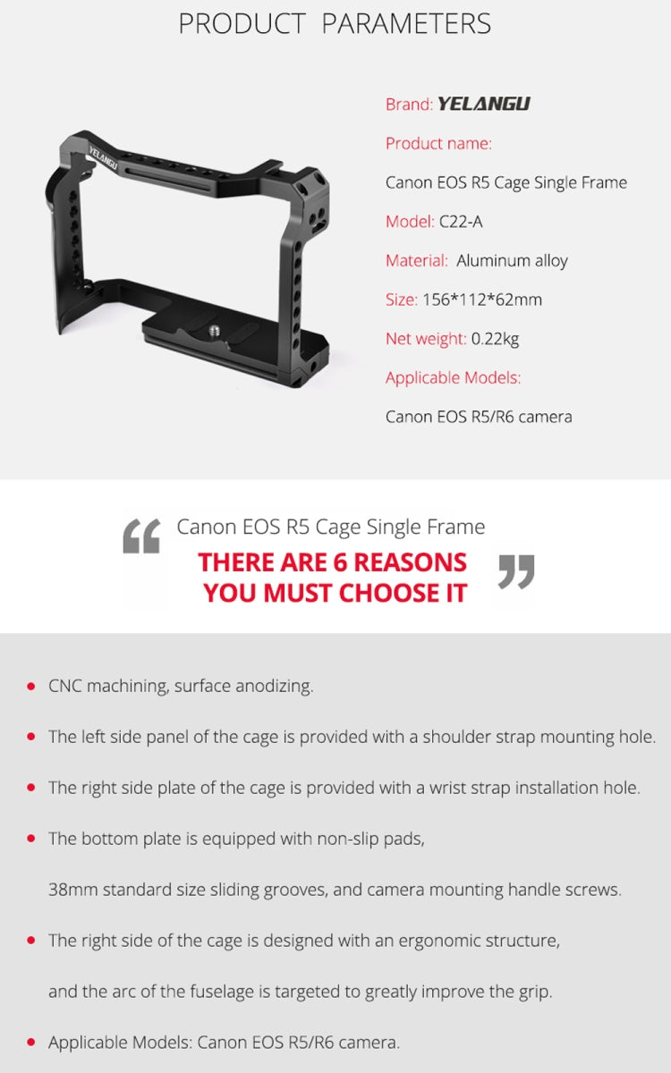 YELANGU C22-A YLG0334B-A Video Camera Cage Stabilizer for Canon EOS R5/R6/R, YLG0334B-A