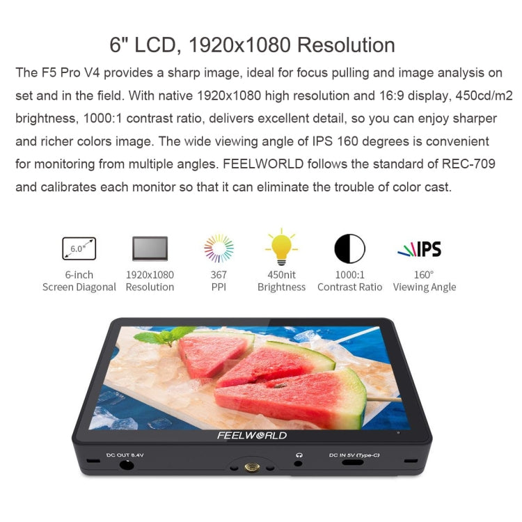 FEELWORLD F5 Pro V4 6 inch Touch Screen DSLR Camera Field Monitor 3D LUT 4K HDMI Input Output Tilt Arm, F5 Pro V4