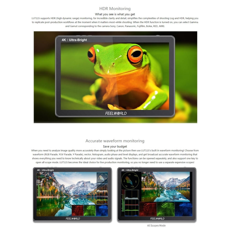 FEELWORLD LUT11S 10.1 inch Ultra High Bright 2000nit Touch Screen DSLR Camera Field Monitor, 3G-SDI 4K HDMI Input Output 1920 x 1200 IPS Panel, LUT11S