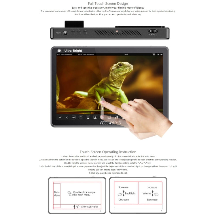 FEELWORLD LUT11S 10.1 inch Ultra High Bright 2000nit Touch Screen DSLR Camera Field Monitor, 3G-SDI 4K HDMI Input Output 1920 x 1200 IPS Panel, LUT11S