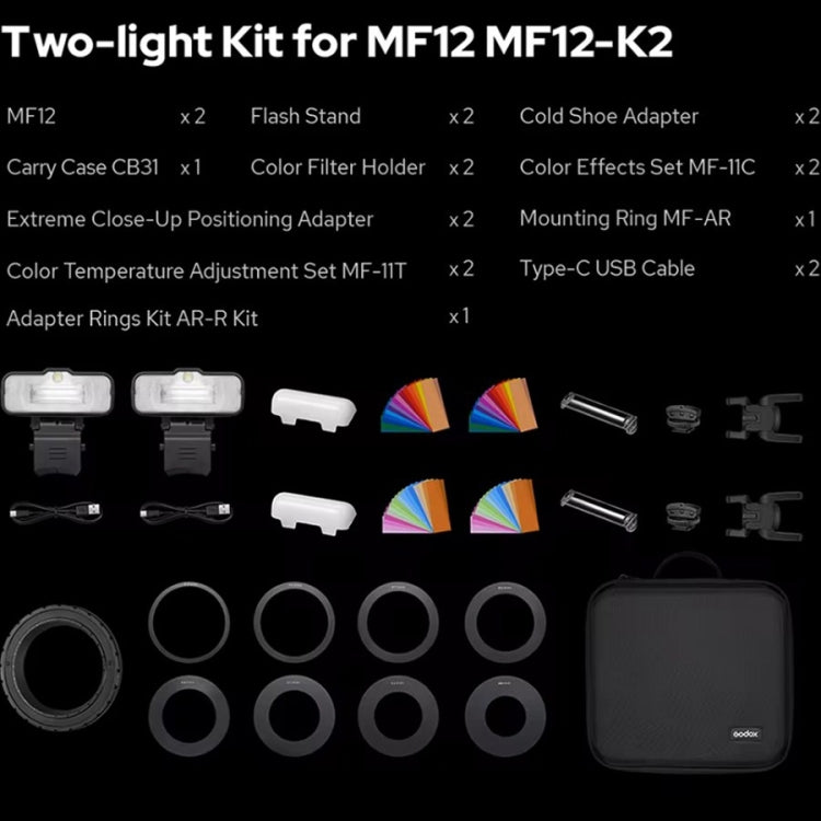 Godox MF12-K2 Macro Flash 2-Light Kit 2.4 GHz Wireless Control Light, MF12-K2