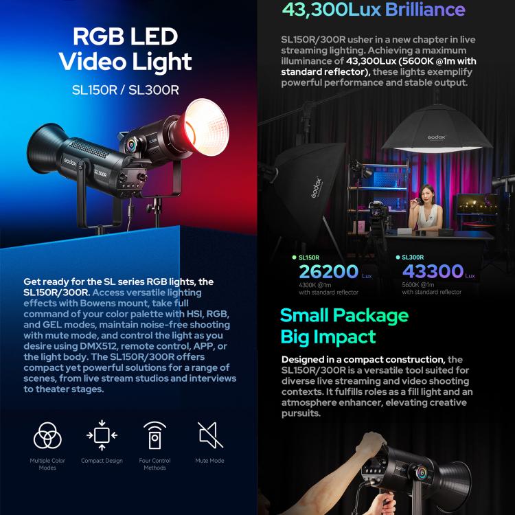 Godox SL300R RGB LED Video Light 310W CRI/TLCI 97+ COB Monolight Bowens Mount Studio Photo Light, SL300R