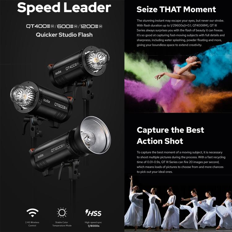Godox QT400IIM Strobe Studio Flash Light 400Ws Bowens Mount High Speed Flash, QT400III