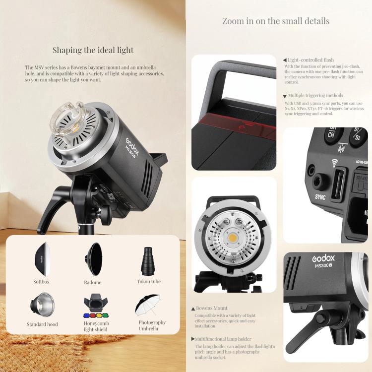 Godox MS300-V Studio Flash Light 300Ws Bowens Mount Strobe Light with Lamp Cover, MS300-V