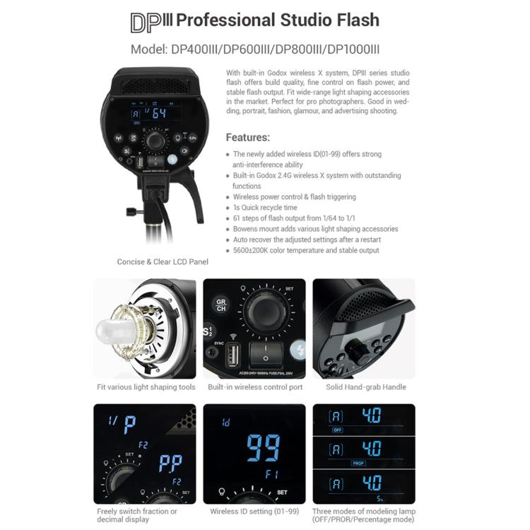 Godox DP800III Studio Flash Photo Light 800Ws 2.4G Wireless X System Bowens Mount Strobe Light, No Lamp Cover, DP800III