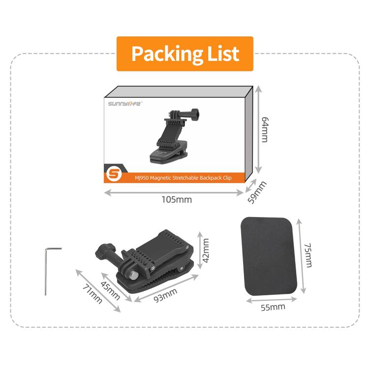 Sunnylife Stretchable Backpack Clip Rotatable Magnetic Mount Action Camera Holder Vlog Mount, For Action Cameras