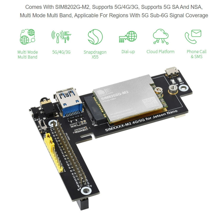 Waveshare SIM8202G-M2 5G Snapdragon X55 Multi Mode Multi Band 5G/4G/3G Module Expand Board for Jetson Nano, EU Plug, SIM8202G-M2 EU Plug